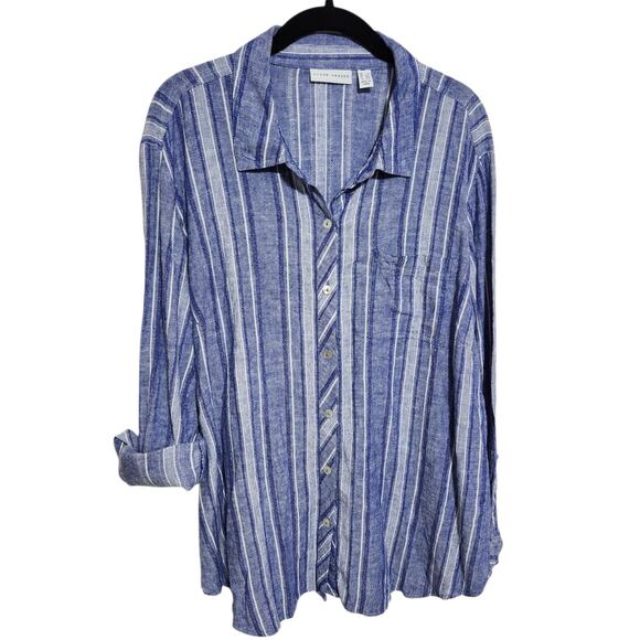 Susan Graver Linen blend Button Down Blue and White Striped Shirt‎ L - Picture 3 of 7